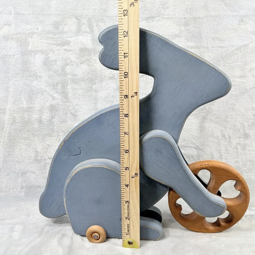 Blue Wood Bunny Rabbit‎ On Wheels Figure Decor Primitive Farmhouse Cottage Core